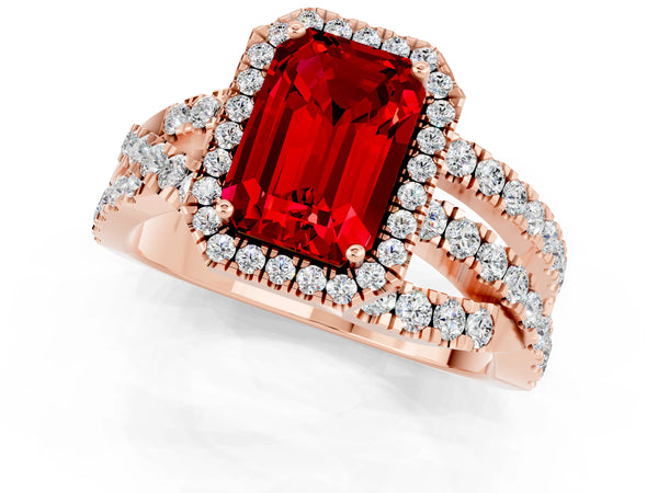 Rose gold Emerald Cut Ruby Halo Ring with Round Split Shank and Prong Setting