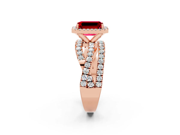 Rose gold Emerald Cut Ruby Halo Ring with Round Split Shank and Prong Setting