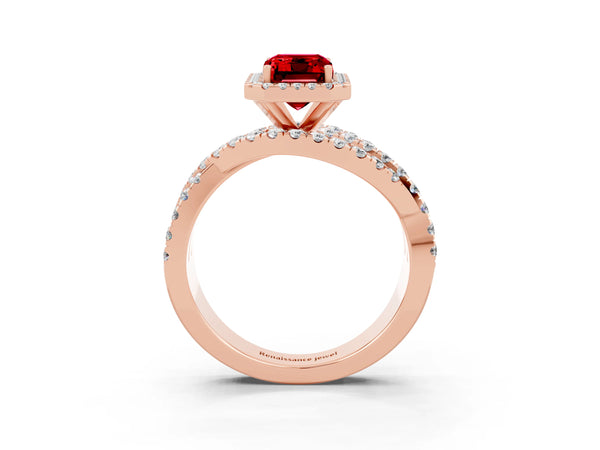 Rose gold Emerald Cut Ruby Halo Ring with Round Split Shank and Prong Setting