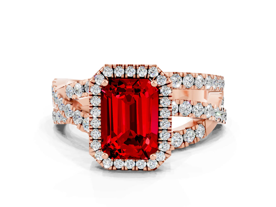 Rose gold Emerald Cut Ruby Halo Ring with Round Split Shank and Prong Setting_48