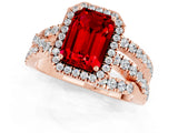 Rose gold Emerald Cut Ruby Halo Ring with Round Split Shank and Prong Setting_49
