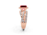 Rose gold Emerald Cut Ruby Halo Ring with Round Split Shank and Prong Setting_50