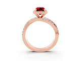 Rose gold Emerald Cut Ruby Halo Ring with Round Split Shank and Prong Setting_51