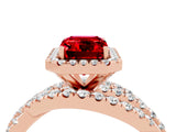 Rose gold Emerald Cut Ruby Halo Ring with Round Split Shank and Prong Setting_52