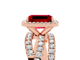 Rose gold Emerald Cut Ruby Halo Ring with Round Split Shank and Prong Setting_53