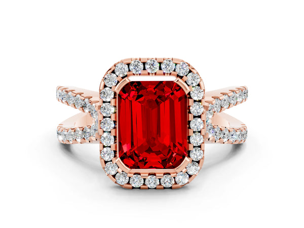 Rose gold Emerald Cut Ruby Halo Ring with Split Shank Pavé Band and Prong Setting