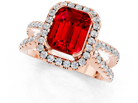 Rose gold Emerald Cut Ruby Halo Ring with Split Shank Pavé Band and Prong Setting_1
