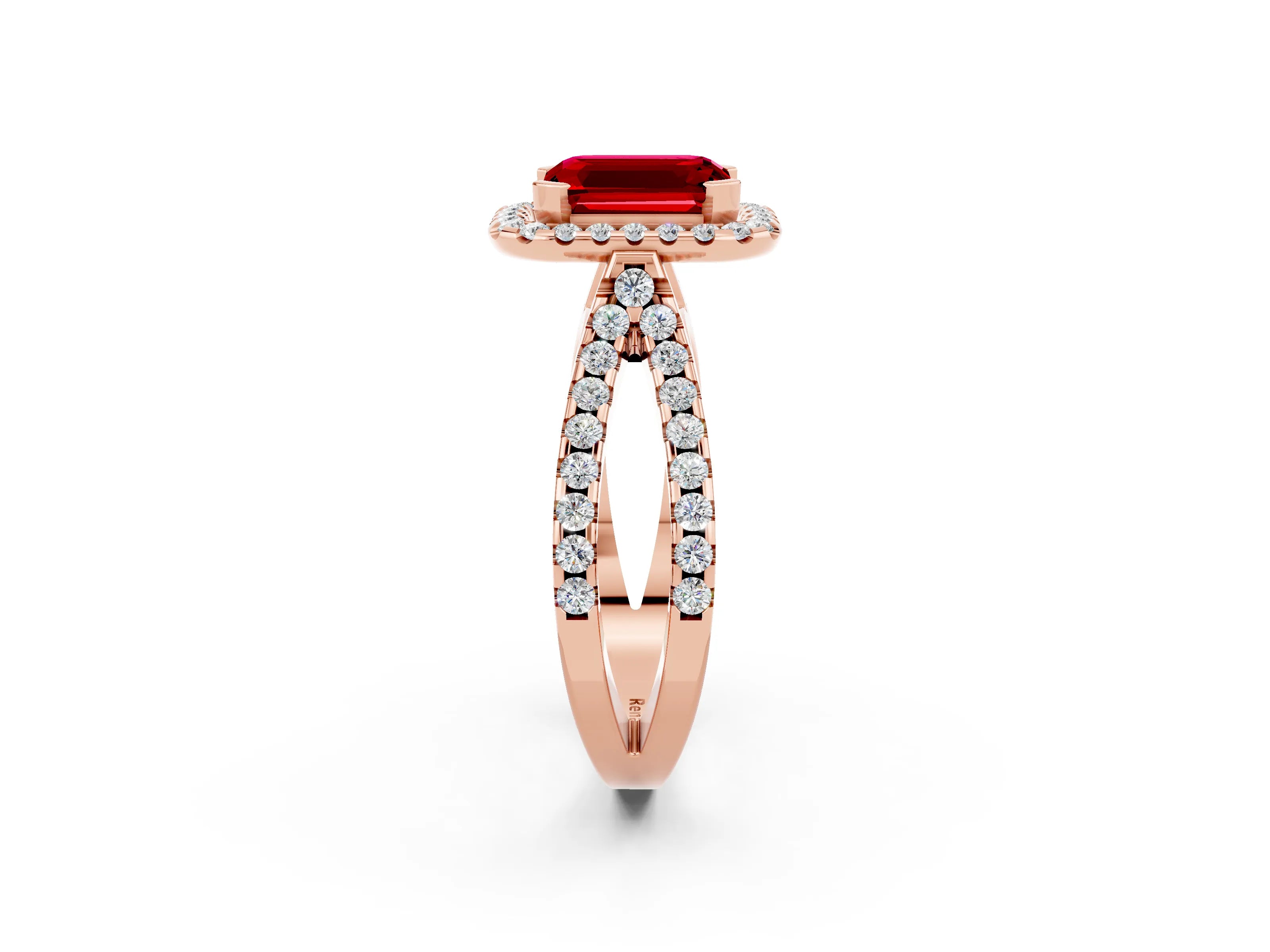 Rose gold Emerald Cut Ruby Halo Ring with Split Shank Pavé Band and Prong Setting_2