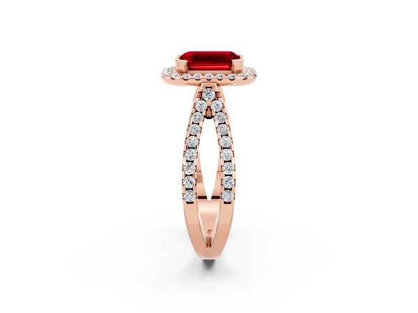 Rose gold Emerald Cut Ruby Halo Ring with Split Shank Pavé Band and Prong Setting