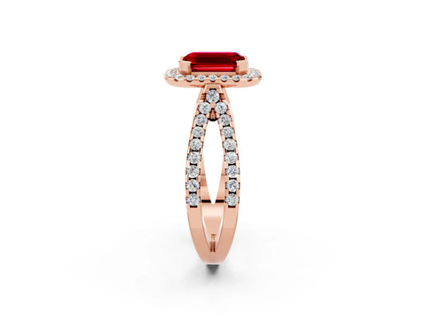 Rose gold Emerald Cut Ruby Halo Ring with Split Shank Pavé Band and Prong Setting_2