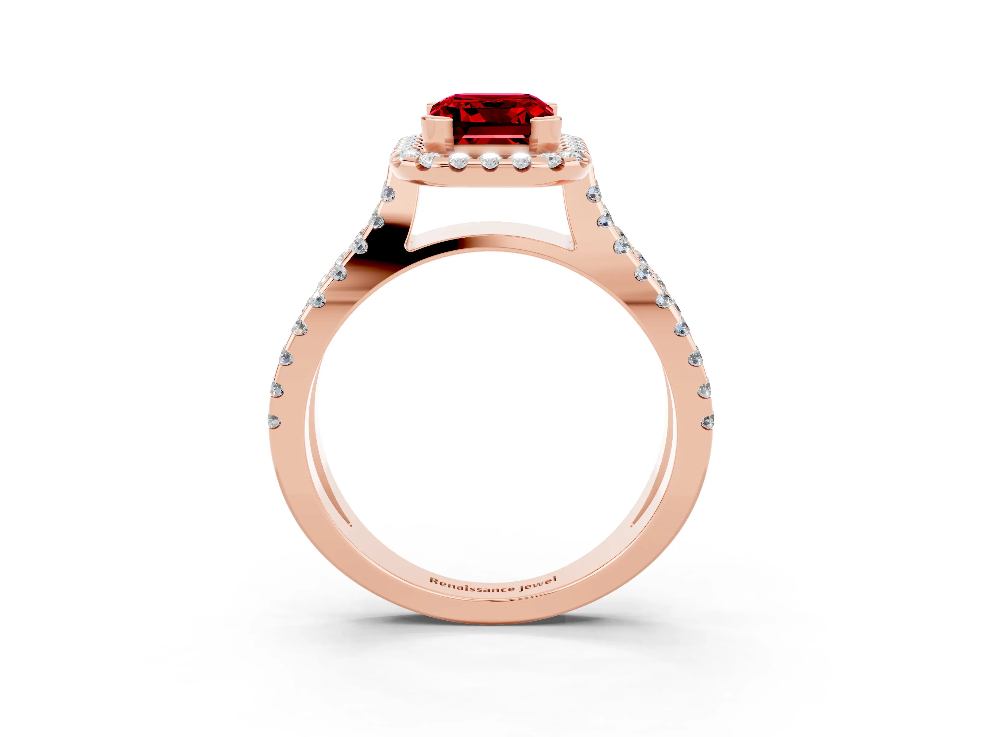 Rose gold Emerald Cut Ruby Halo Ring with Split Shank Pavé Band and Prong Setting_3