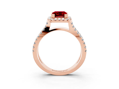 Rose gold Emerald Cut Ruby Halo Ring with Split Shank Pavé Band and Prong Setting_3