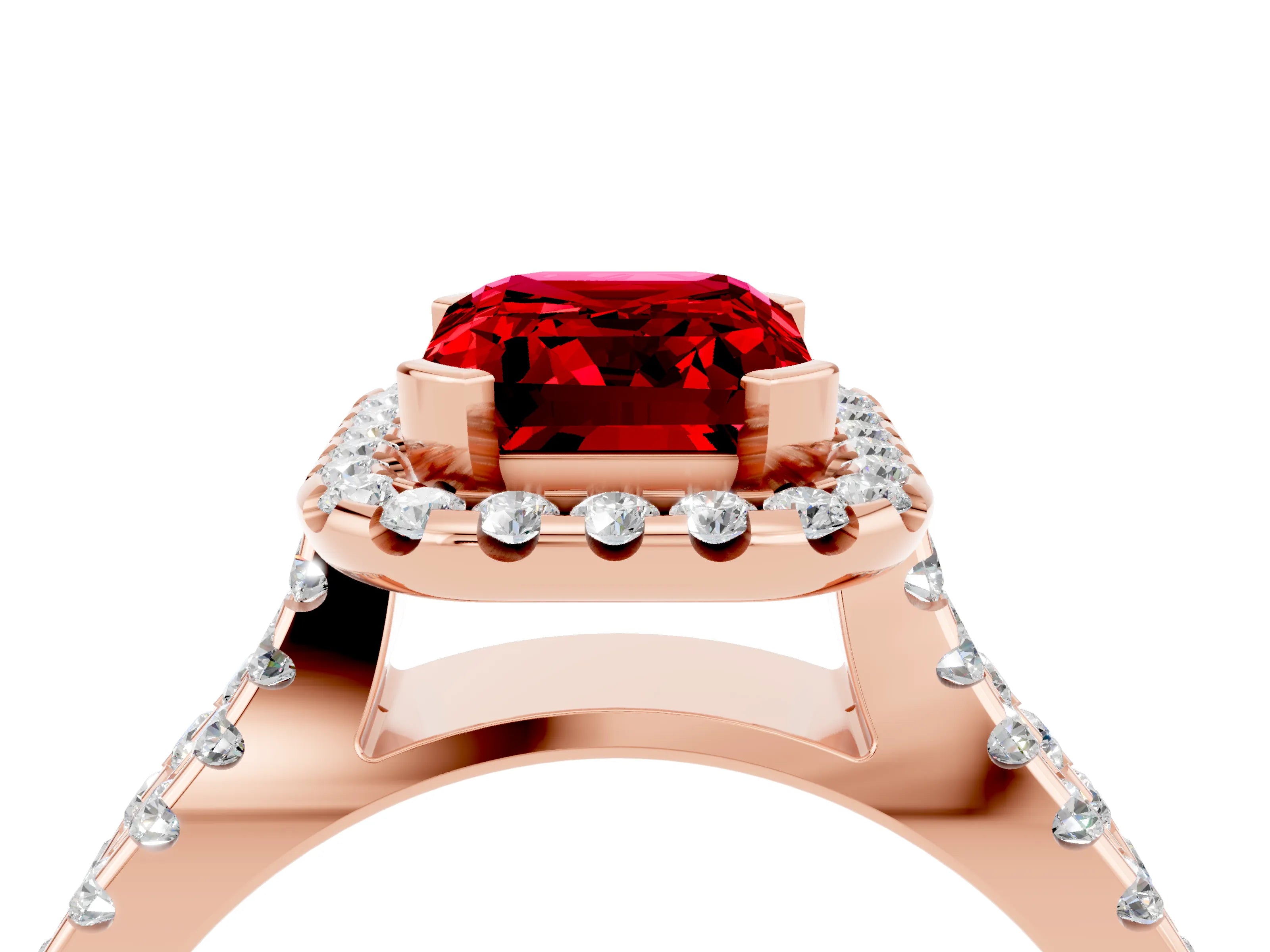 Rose gold Emerald Cut Ruby Halo Ring with Split Shank Pavé Band and Prong Setting_4