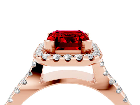 Rose gold Emerald Cut Ruby Halo Ring with Split Shank Pavé Band and Prong Setting_4