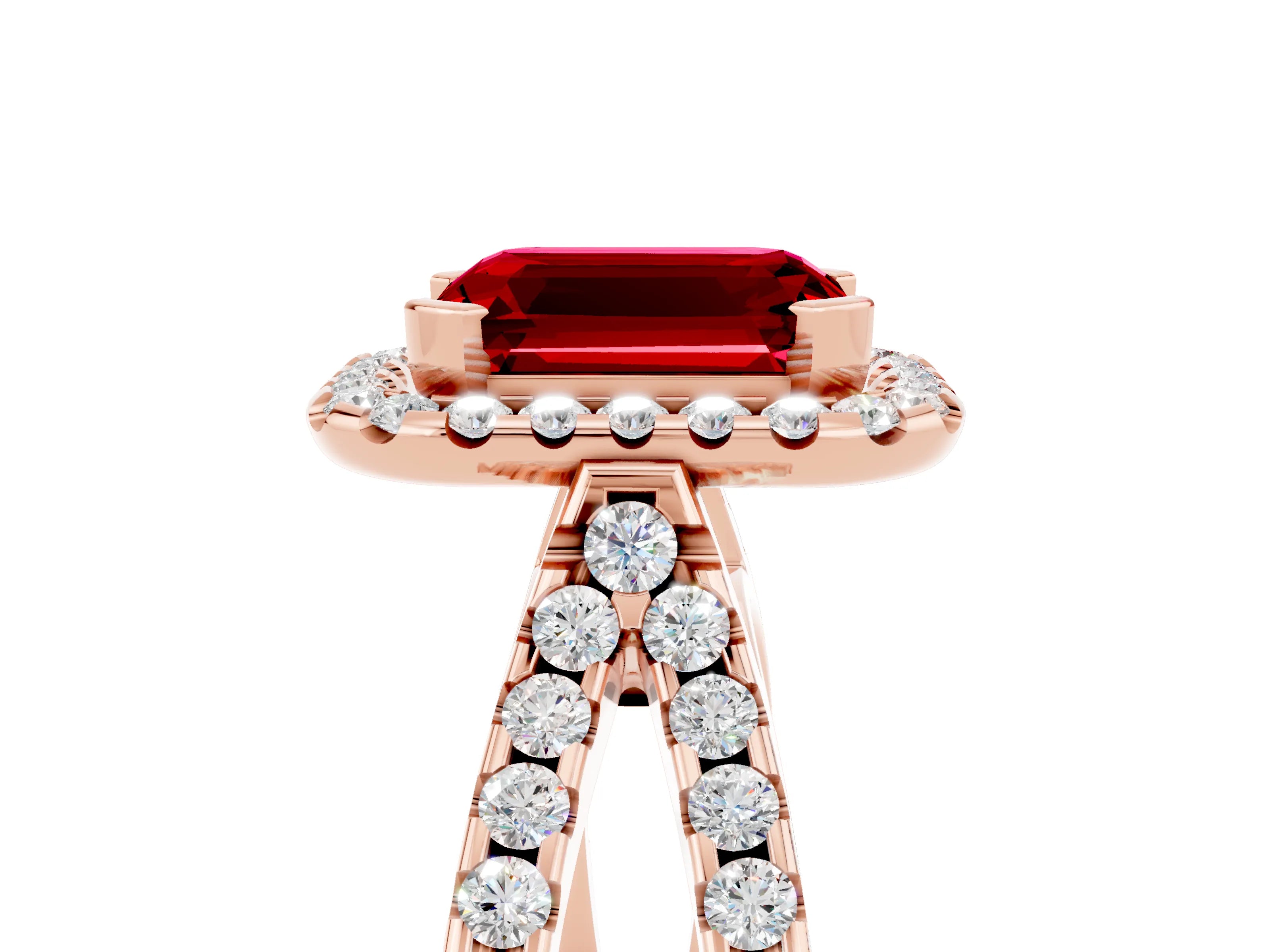 Rose gold Emerald Cut Ruby Halo Ring with Split Shank Pavé Band and Prong Setting_5