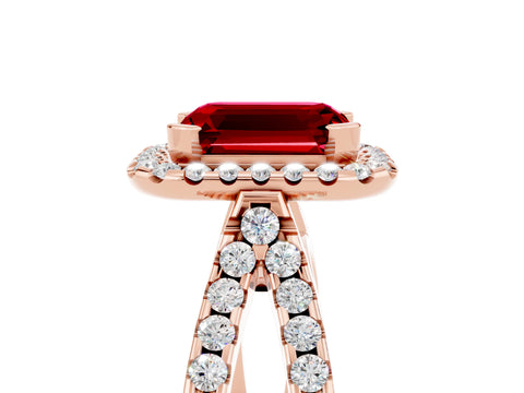 Rose gold Emerald Cut Ruby Halo Ring with Split Shank Pavé Band and Prong Setting_5
