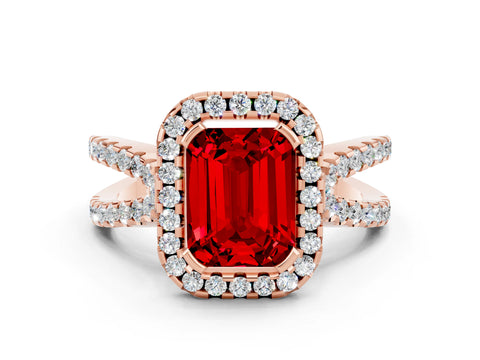 Rose gold Emerald Cut Ruby Halo Ring with Split Shank Pavé Band and Prong Setting
