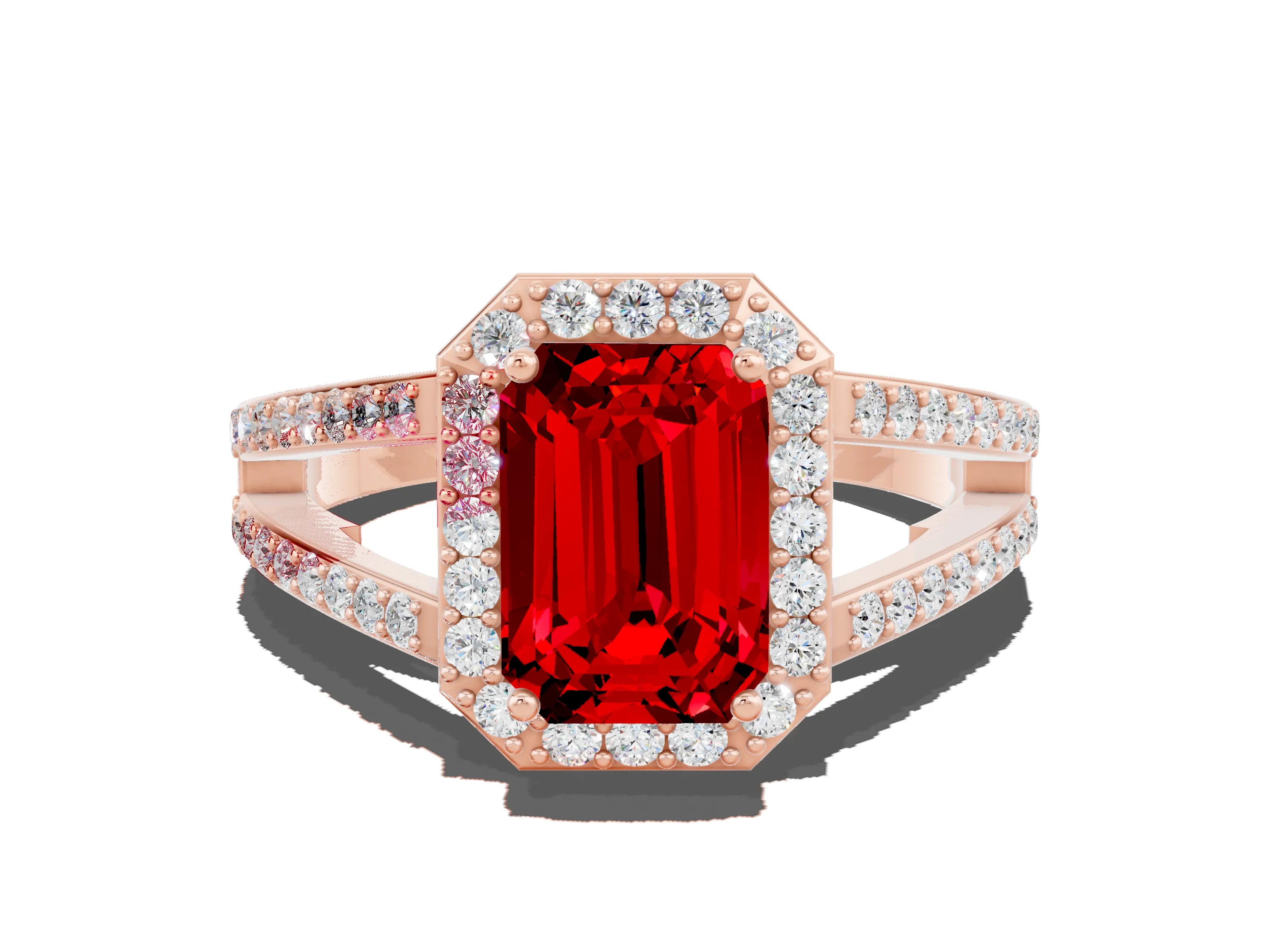 Rose gold Emerald Cut Ruby Halo Ring with Split Shank U-Prong Band and Four-Prong Setting