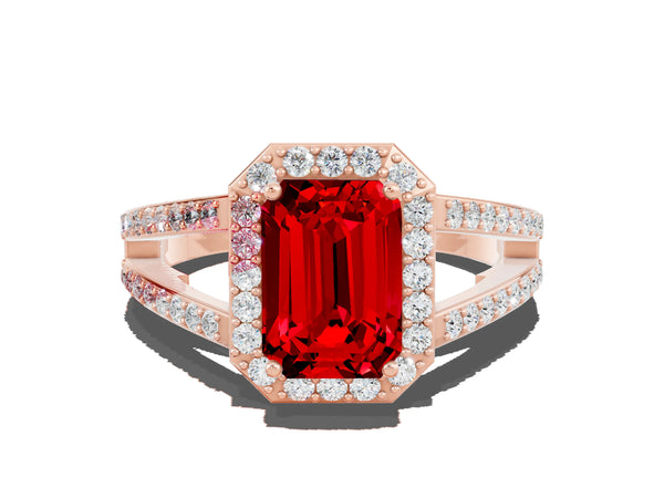 Rose gold Emerald Cut Ruby Halo Ring with Split Shank U-Prong Band and Four-Prong Setting