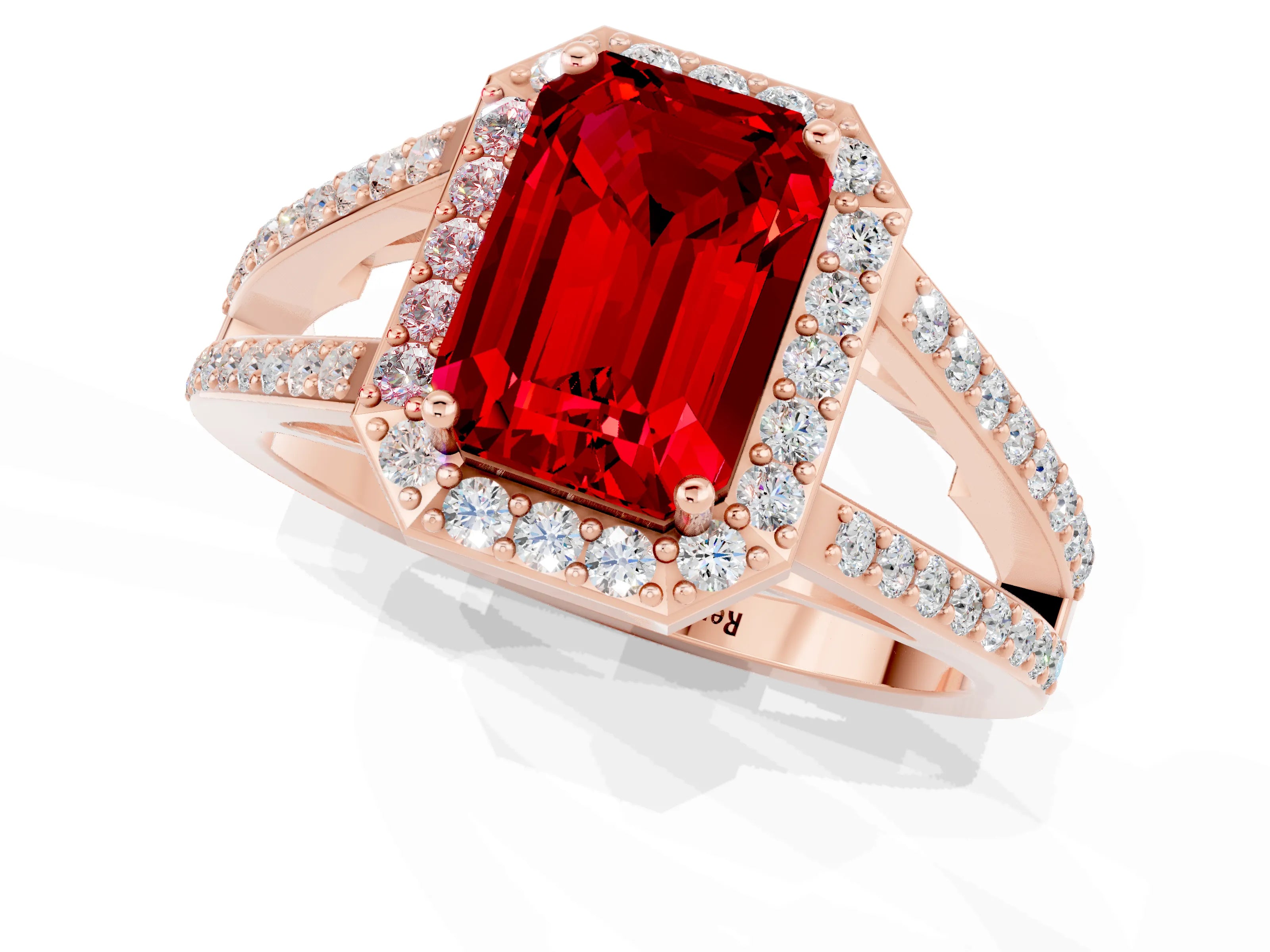 Rose gold Emerald Cut Ruby Halo Ring with Split Shank U-Prong Band and Four-Prong Setting_1