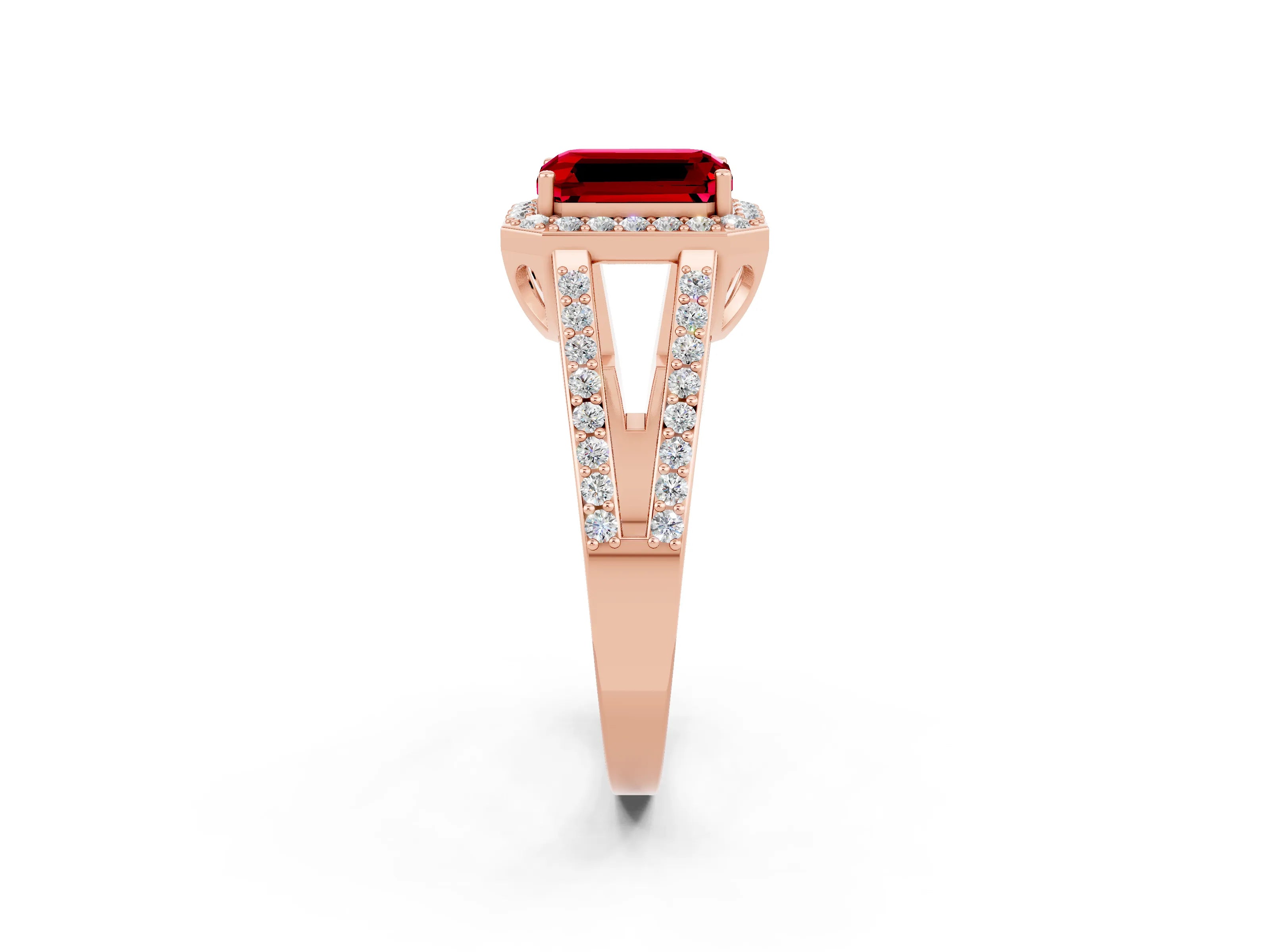 Rose gold Emerald Cut Ruby Halo Ring with Split Shank U-Prong Band and Four-Prong Setting_2