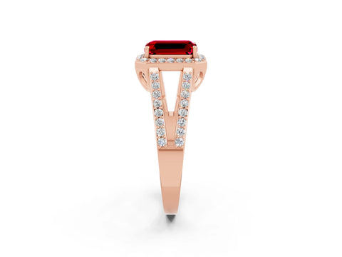 Rose gold Emerald Cut Ruby Halo Ring with Split Shank U-Prong Band and Four-Prong Setting_2