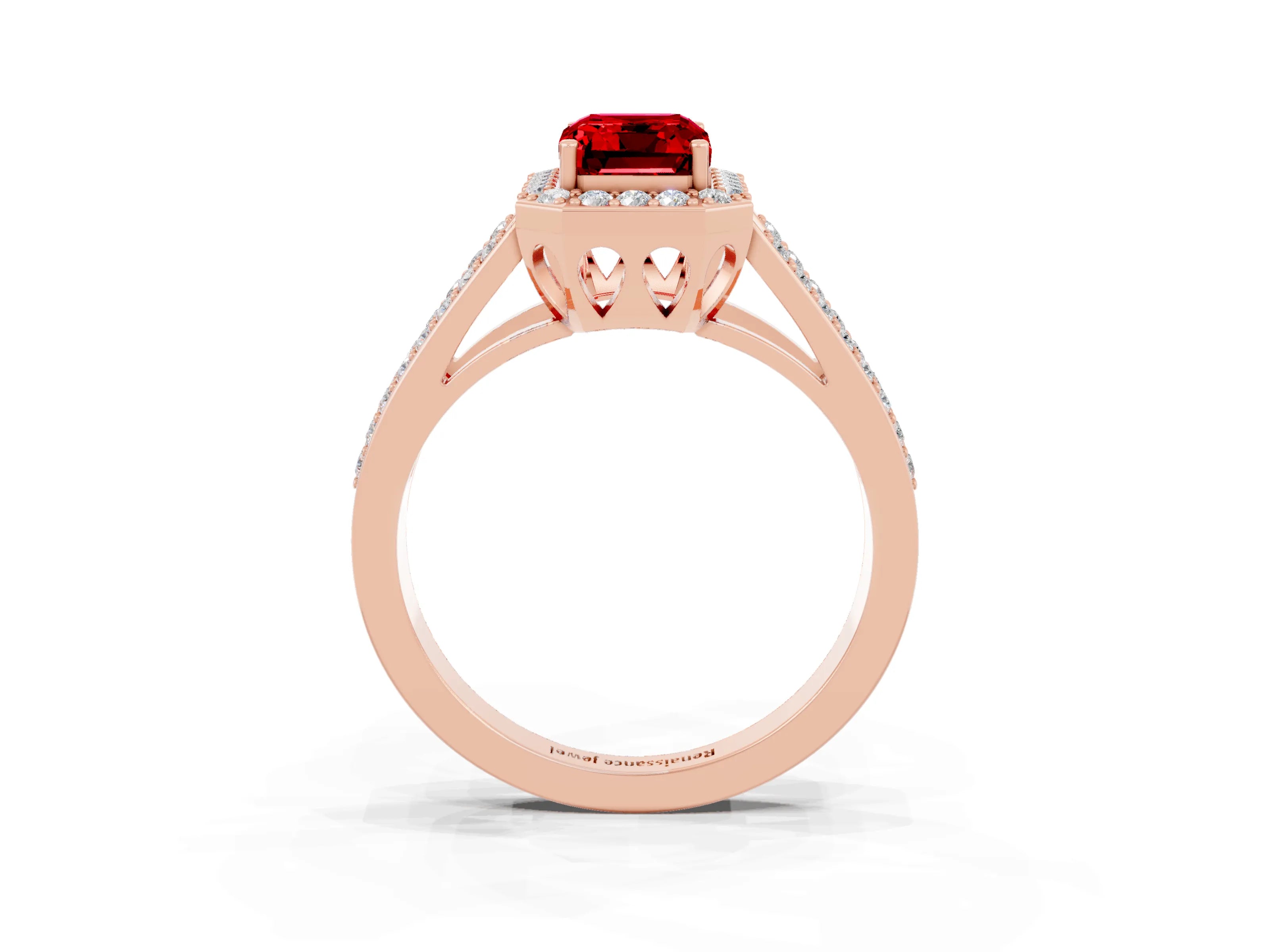 Rose gold Emerald Cut Ruby Halo Ring with Split Shank U-Prong Band and Four-Prong Setting_3