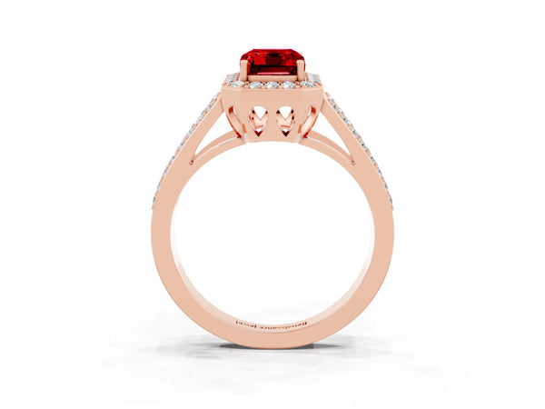 Rose gold Emerald Cut Ruby Halo Ring with Split Shank U-Prong Band and Four-Prong Setting