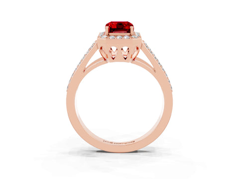 Rose gold Emerald Cut Ruby Halo Ring with Split Shank U-Prong Band and Four-Prong Setting_3
