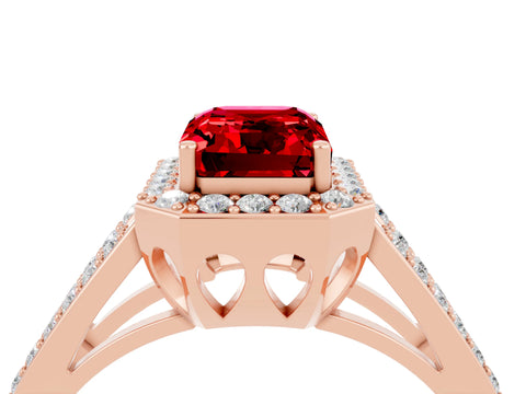 Rose gold Emerald Cut Ruby Halo Ring with Split Shank U-Prong Band and Four-Prong Setting_4