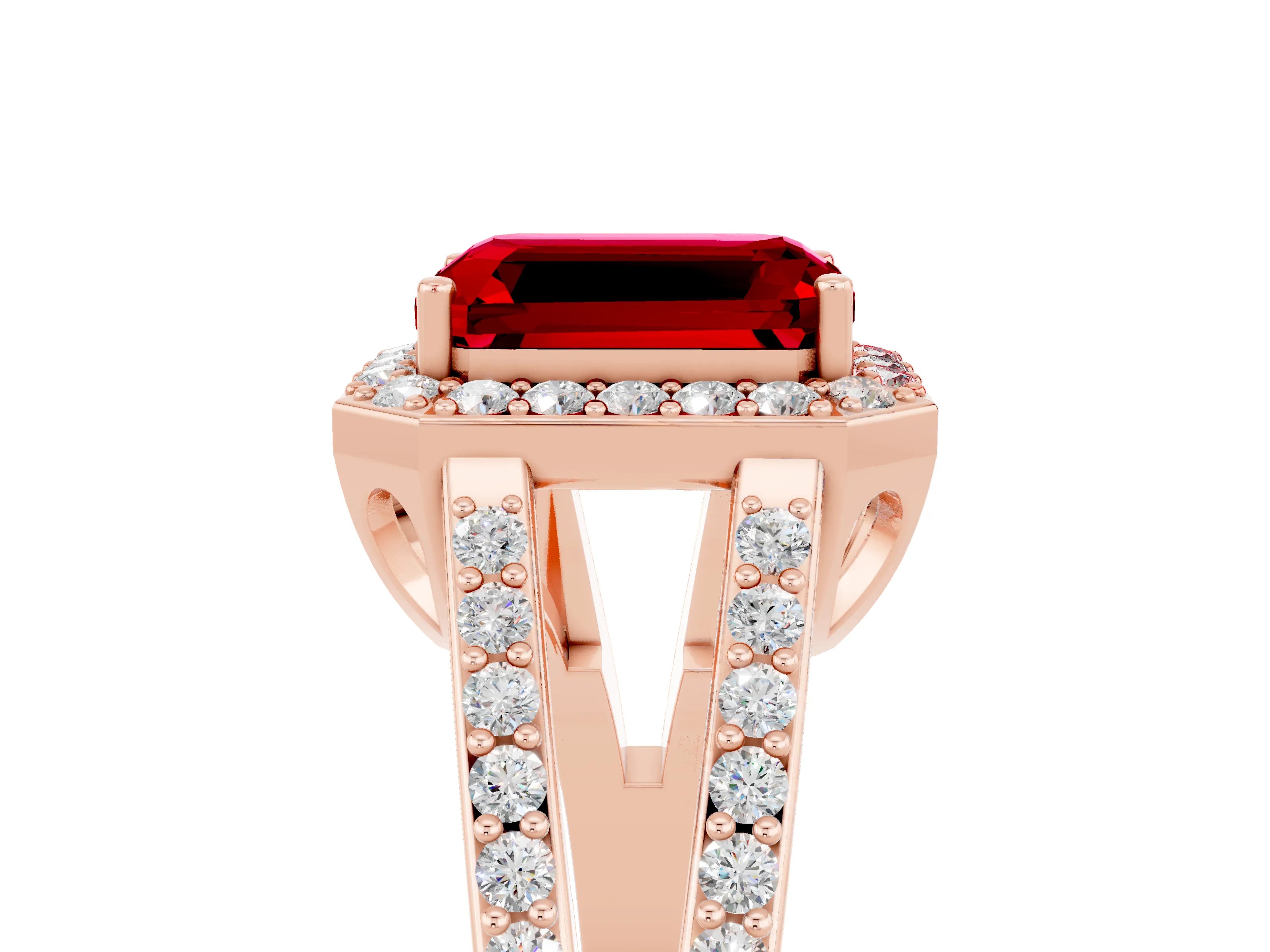 Rose gold Emerald Cut Ruby Halo Ring with Split Shank U-Prong Band and Four-Prong Setting_5