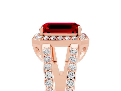 Rose gold Emerald Cut Ruby Halo Ring with Split Shank U-Prong Band and Four-Prong Setting_5