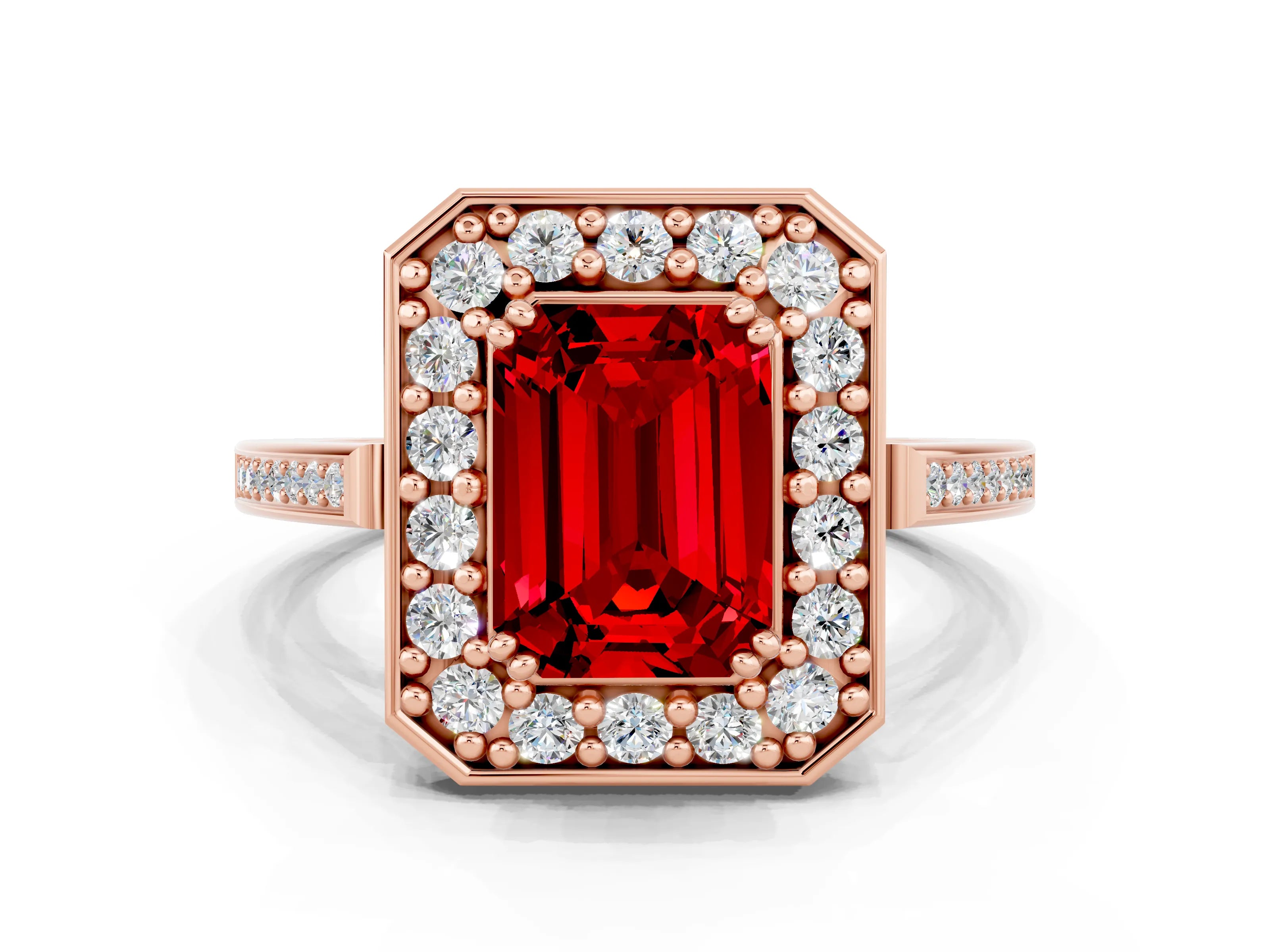 Rose gold Emerald Cut Ruby Halo Ring with Split Shank and Four-Prong Setting