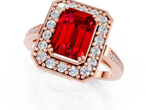 Rose gold Emerald Cut Ruby Halo Ring with Split Shank and Four-Prong Setting