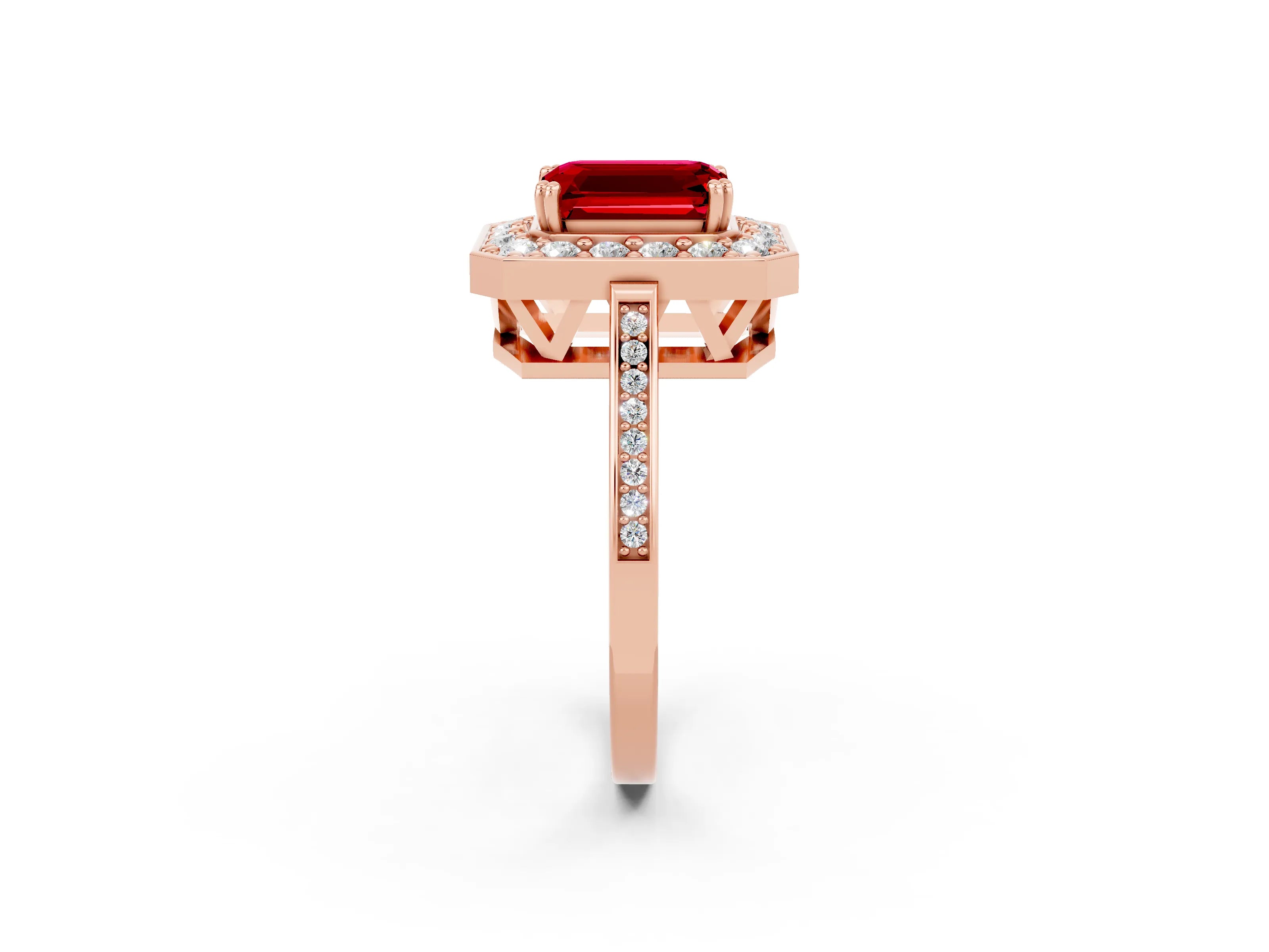 Rose gold Emerald Cut Ruby Halo Ring with Split Shank and Four-Prong Setting_2