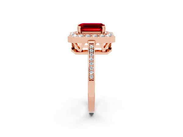 Rose gold Emerald Cut Ruby Halo Ring with Split Shank and Four-Prong Setting