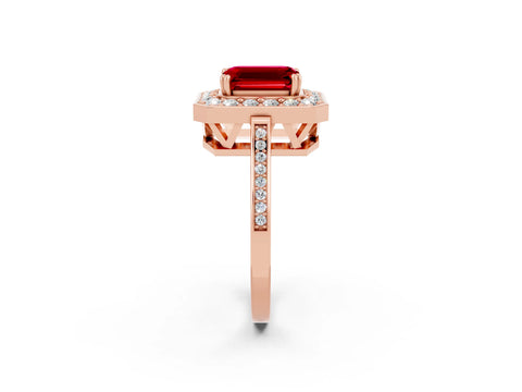 Rose gold Emerald Cut Ruby Halo Ring with Split Shank and Four-Prong Setting_2