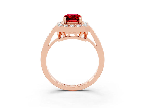 Rose gold Emerald Cut Ruby Halo Ring with Split Shank and Four-Prong Setting