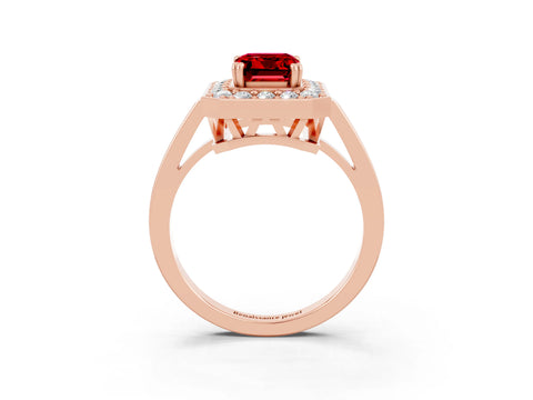 Rose gold Emerald Cut Ruby Halo Ring with Split Shank and Four-Prong Setting_3