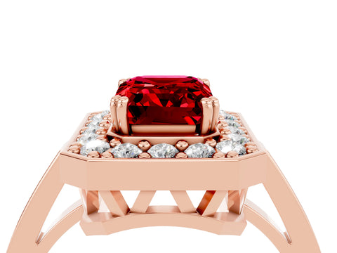 Rose gold Emerald Cut Ruby Halo Ring with Split Shank and Four-Prong Setting_4