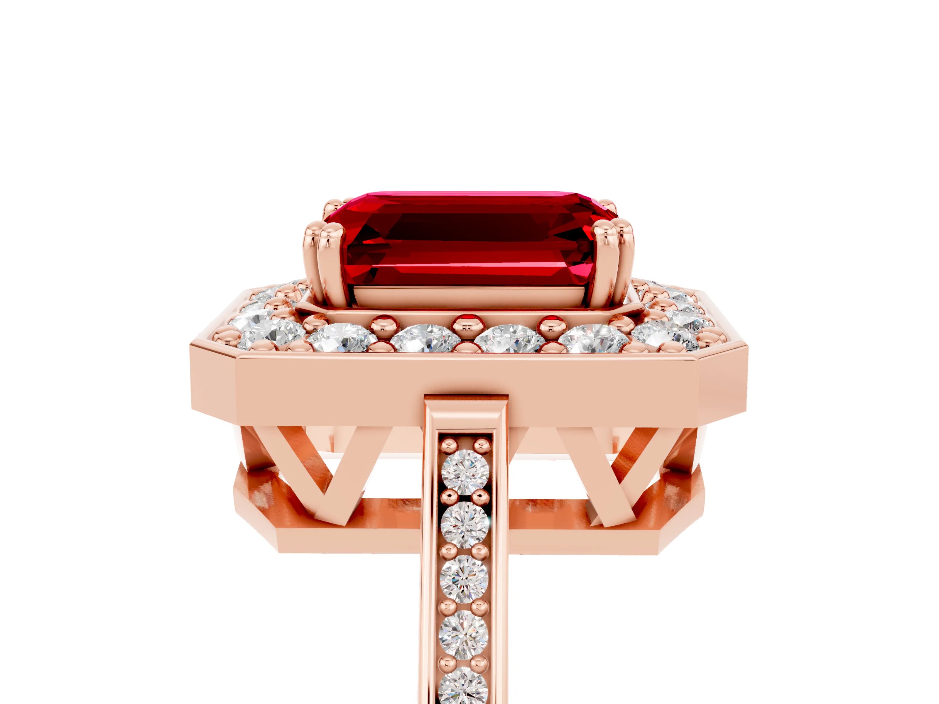 Rose gold Emerald Cut Ruby Halo Ring with Split Shank and Four-Prong Setting_5