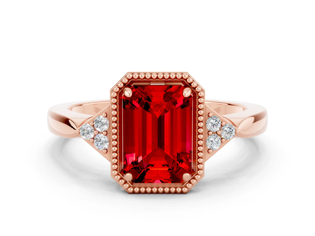 Rose gold Emerald Cut Ruby Halo Ring with Tapered Band and Four-Prong Setting