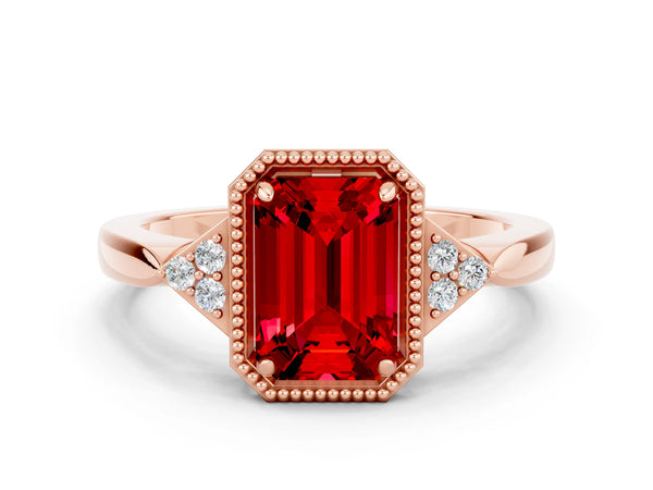 Rose gold Emerald Cut Ruby Halo Ring with Tapered Band and Four-Prong Setting