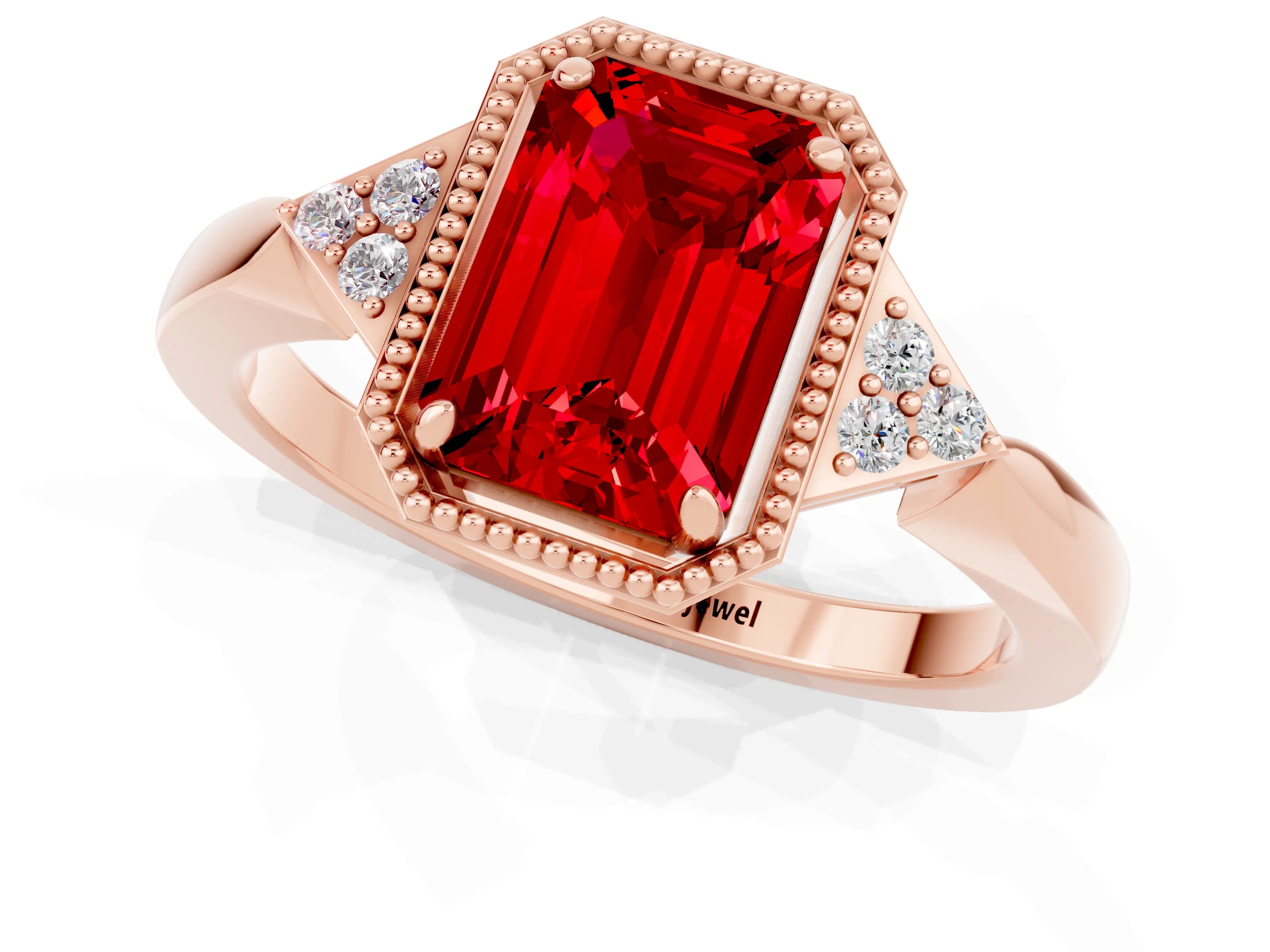 Rose gold Emerald Cut Ruby Halo Ring with Tapered Band and Four-Prong Setting_1