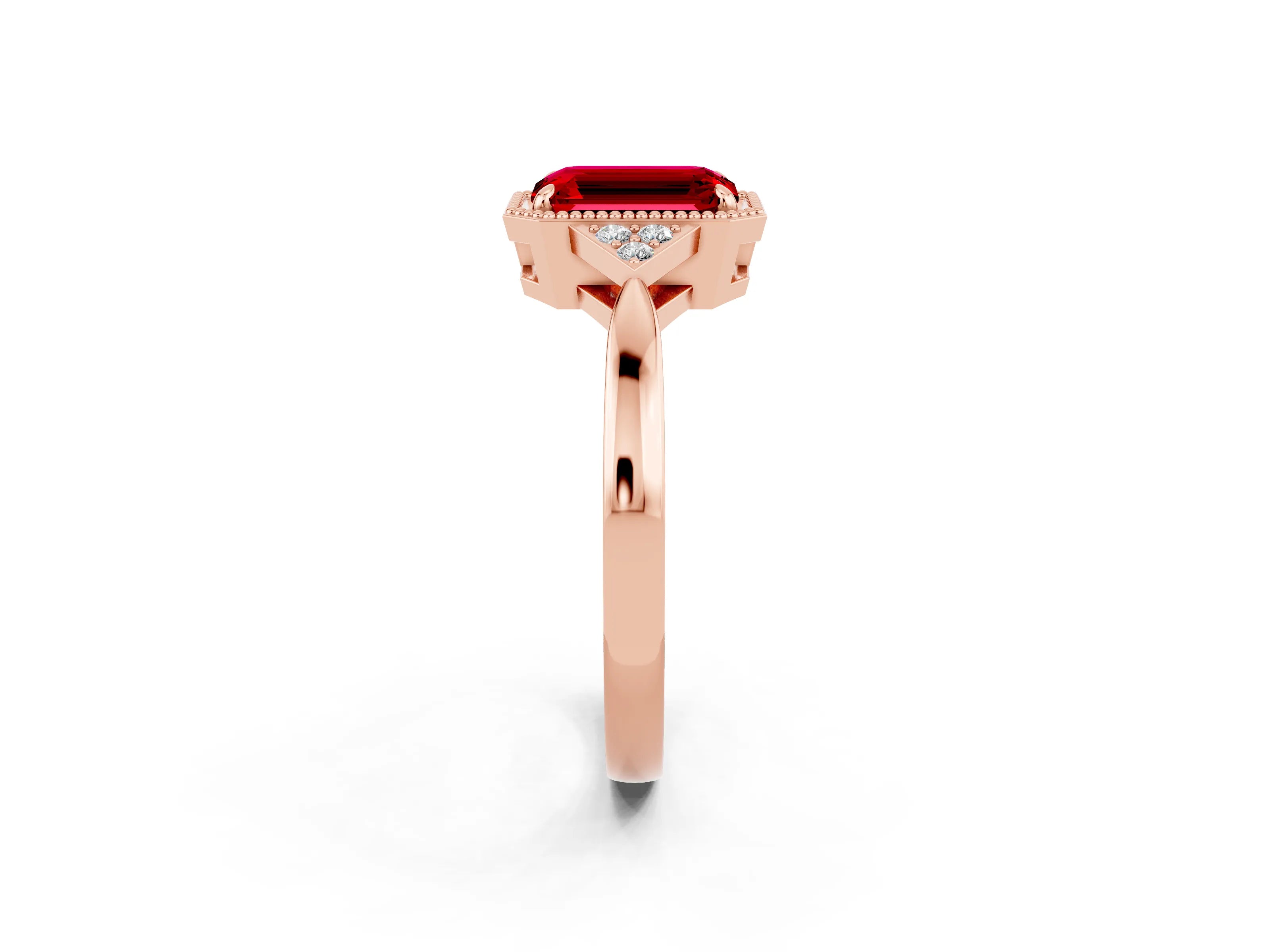 Rose gold Emerald Cut Ruby Halo Ring with Tapered Band and Four-Prong Setting_2