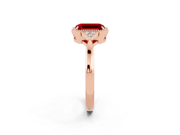 Rose gold Emerald Cut Ruby Halo Ring with Tapered Band and Four-Prong Setting