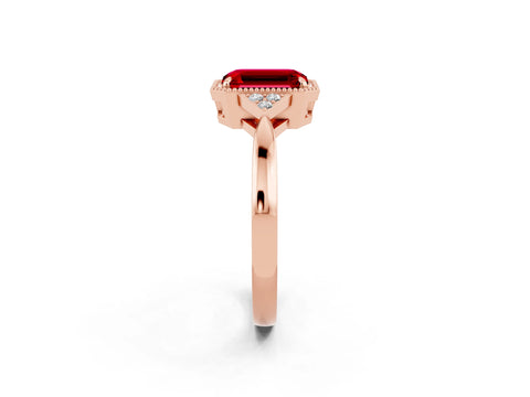 Rose gold Emerald Cut Ruby Halo Ring with Tapered Band and Four-Prong Setting_2