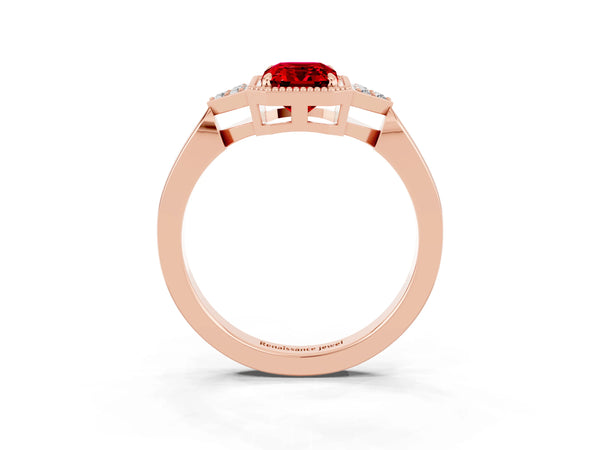 Rose gold Emerald Cut Ruby Halo Ring with Tapered Band and Four-Prong Setting