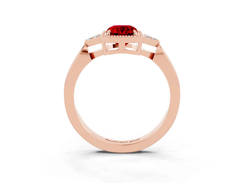 Rose gold Emerald Cut Ruby Halo Ring with Tapered Band and Four-Prong Setting_3