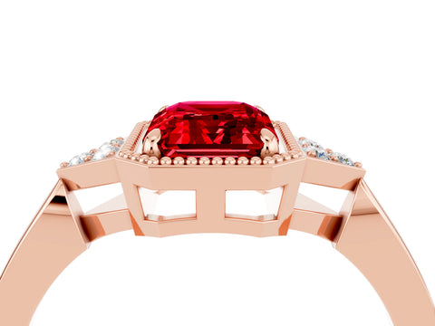 Rose gold Emerald Cut Ruby Halo Ring with Tapered Band and Four-Prong Setting_4